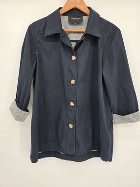 Lafayette 148 New York Navy Button-Front Cotton Utility Jacket Womens Medium